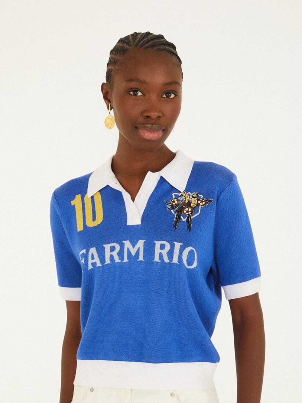 FARM Rio Blue And White Copa Short Sleeve Knit Polo Shirt